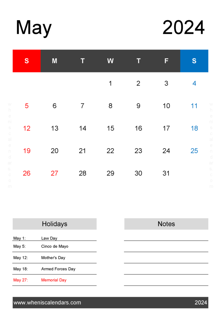 Download May Calendar 2024 Free A4 Vertical 54143