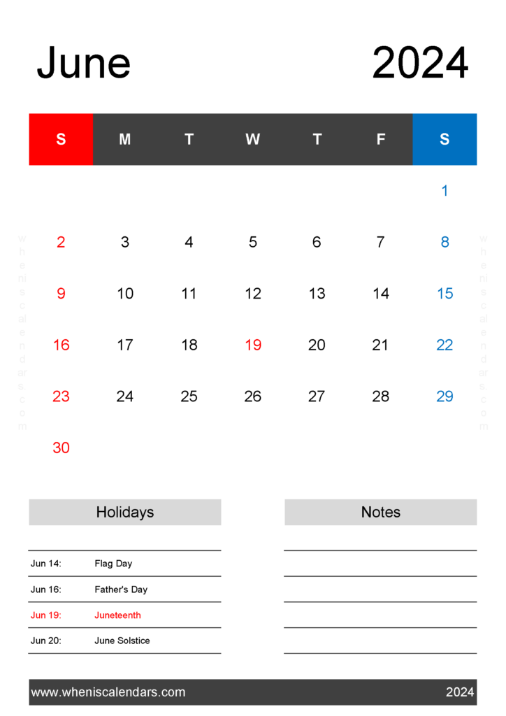 Download June Calendar 2024 Free A4 Vertical 64143