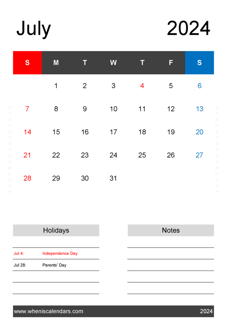 Download July Calendar 2024 Free A4 Vertical 74143