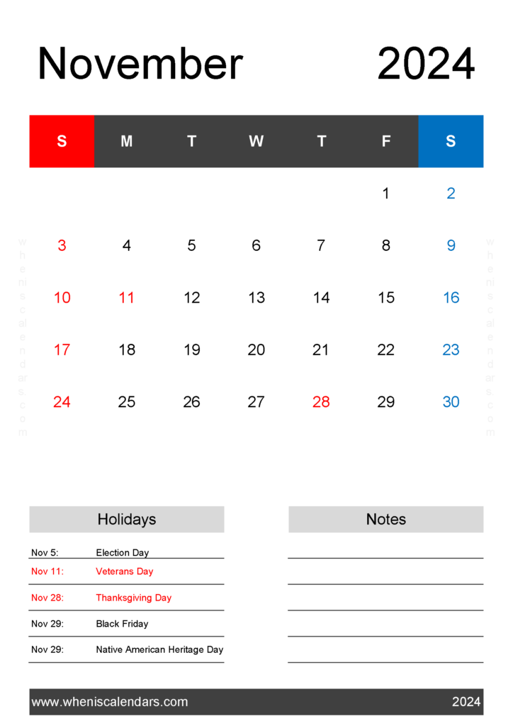 Download November Calendar 2024 Free A4 Vertical 114143