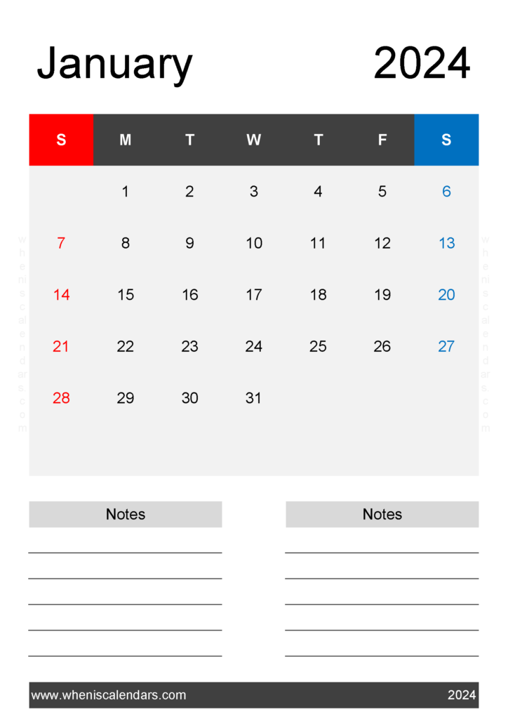 Download Free January Calendar Template 2024 A4 Vertical J4224