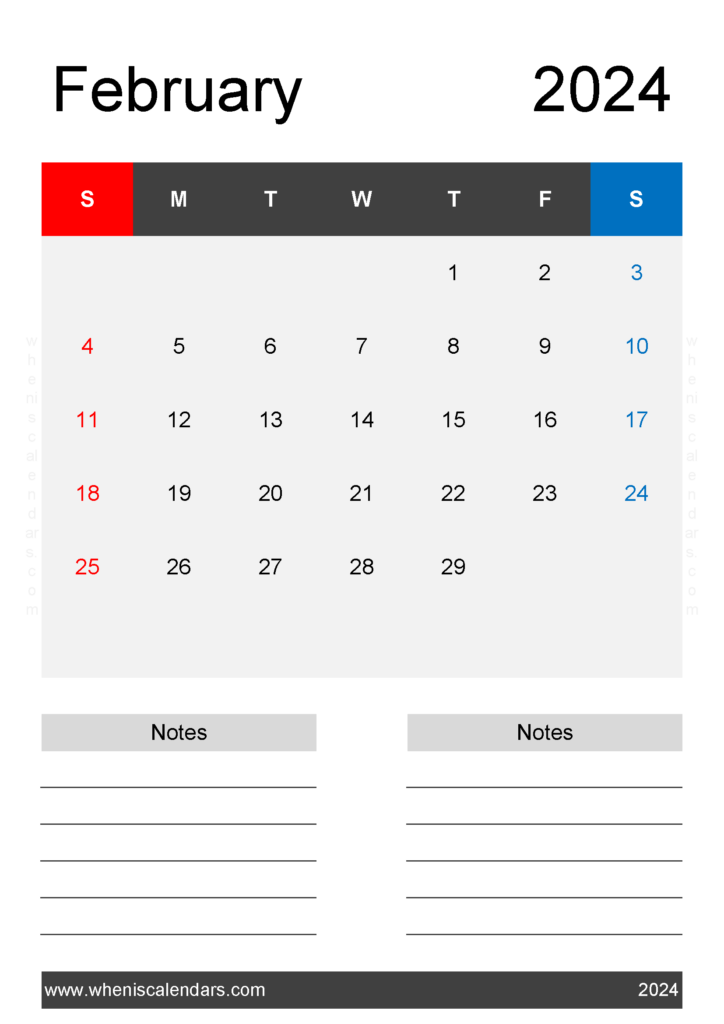 Download Free February Calendar Template 2024 A4 Vertical 24224