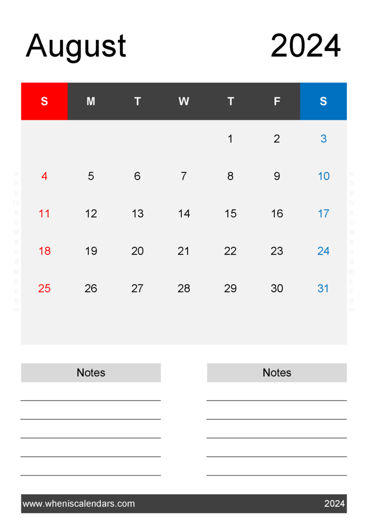 Download Free August Calendar Template 2024 A4 Vertical 84224