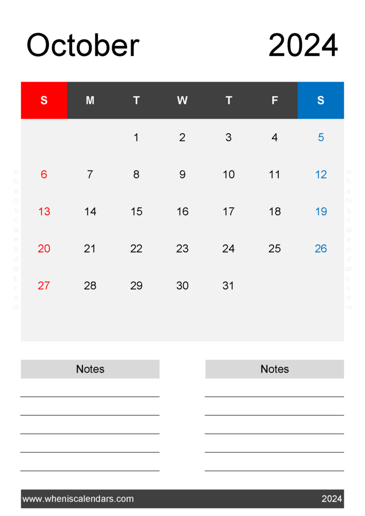 Download Free October Calendar Template 2024 A4 Vertical 104224