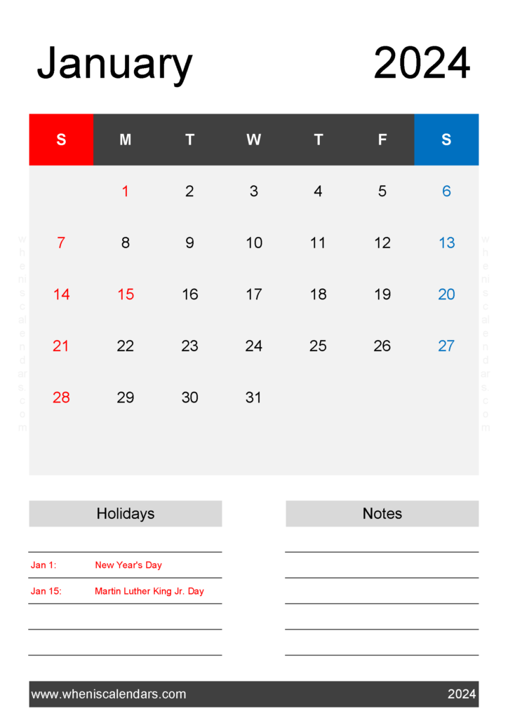 Download January 2024 print Calendar A4 Vertical J4144
