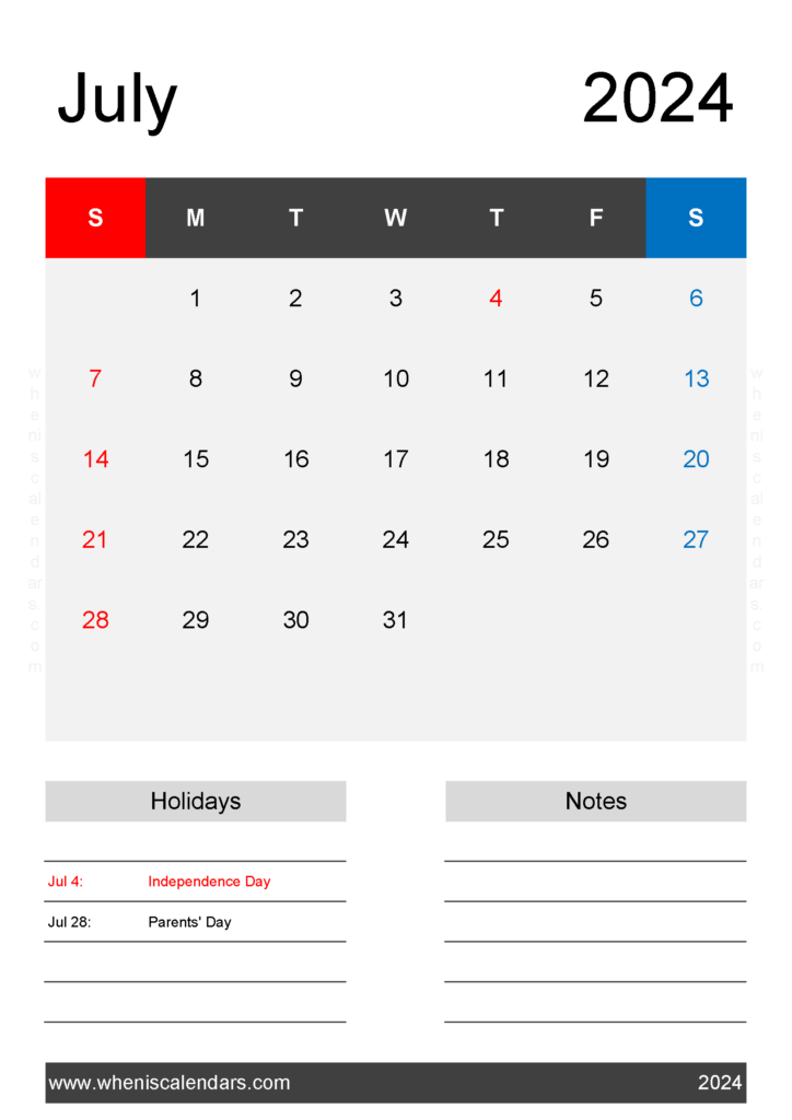 Download July 2024 print Calendar A4 Vertical 74144