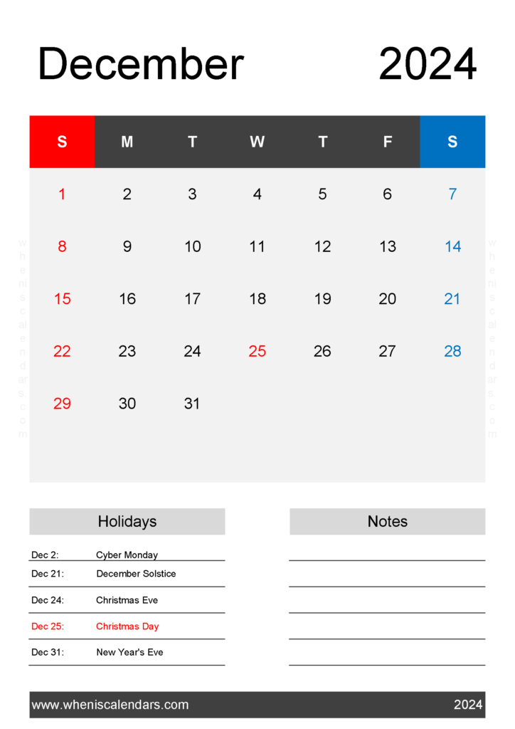 Download December 2024 print Calendar A4 Vertical 124144