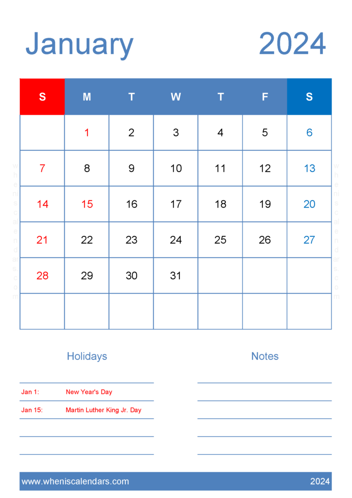 Download Free January 2024 Calendar to print A4 Vertical J4145