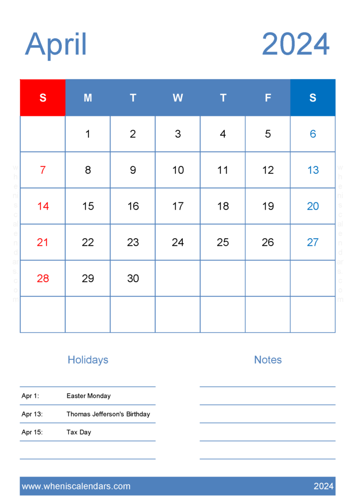 Download Free April 2024 Calendar to print A4 Vertical 44145