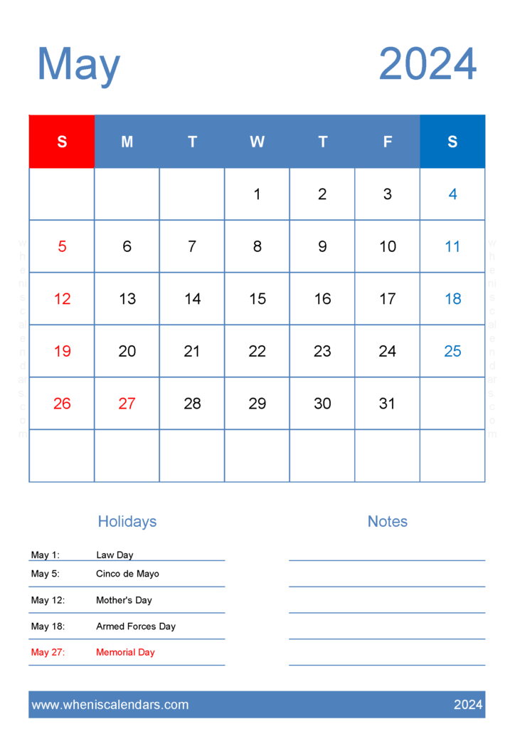 Download Free May 2024 Calendar to print A4 Vertical 54145