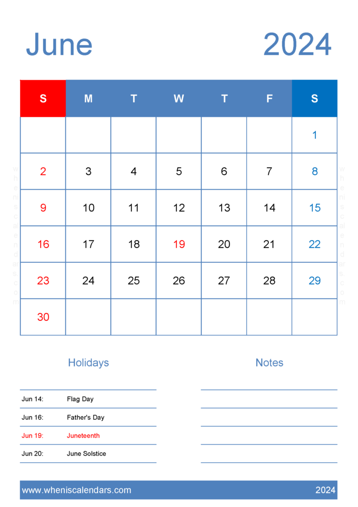 Download Free June 2024 Calendar to print A4 Vertical 64145