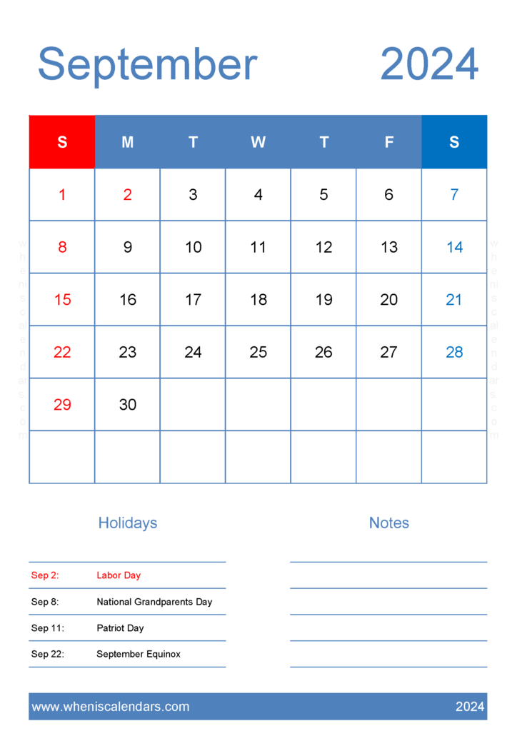 Download Free September 2024 Calendar to print A4 Vertical 94145