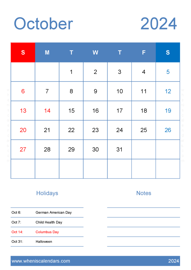 Download Free October 2024 Calendar to print A4 Vertical 104145