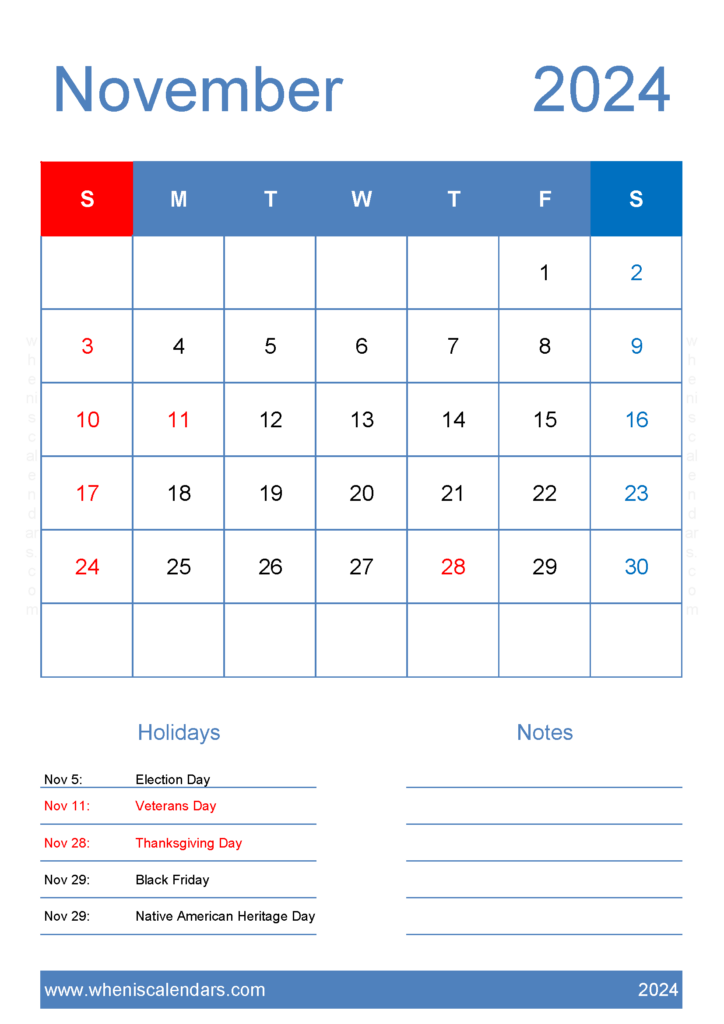 Download Free November 2024 Calendar to print A4 Vertical 114145