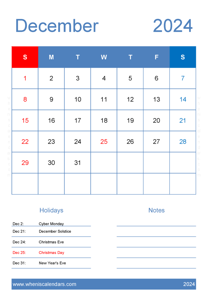 Download Free December 2024 Calendar to print A4 Vertical 124145