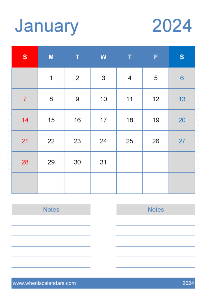 Download January Calendar 2024 print A4 Vertical J4226