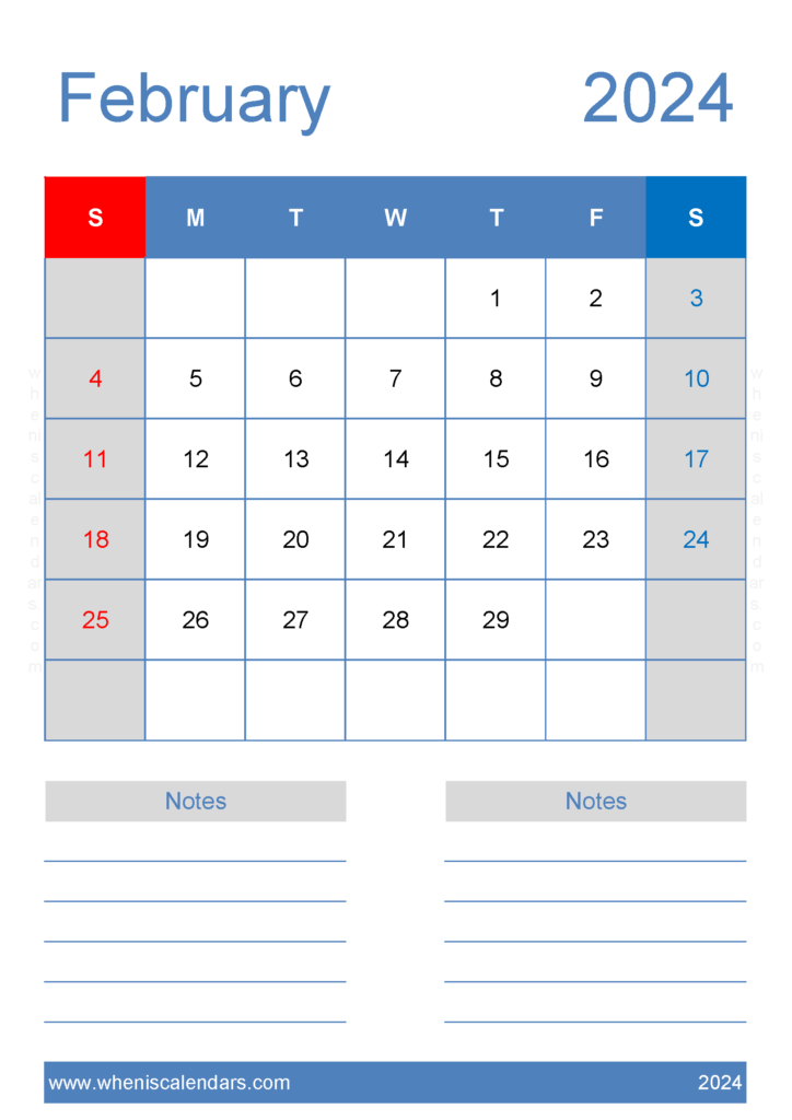 Download February Calendar 2024 print A4 Vertical 24226