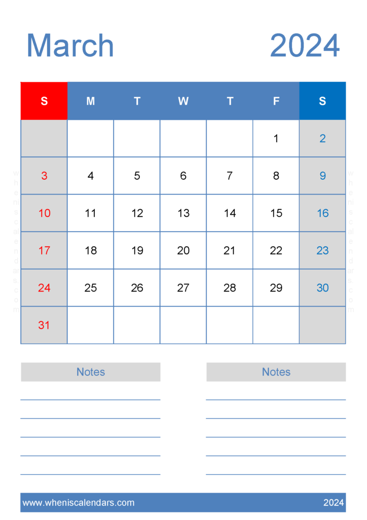 Download March Calendar 2024 print A4 Vertical 34226