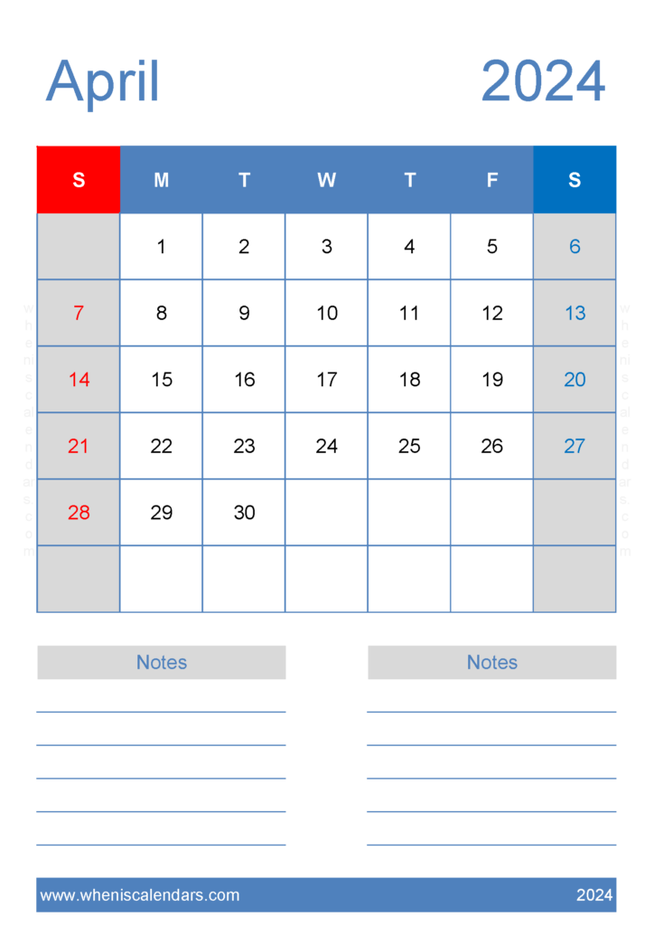 Download April Calendar 2024 print A4 Vertical 44226