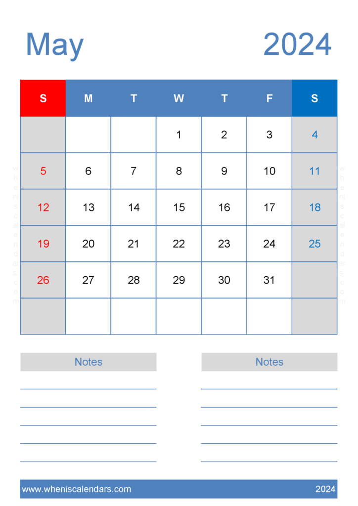 Download May Calendar 2024 print A4 Vertical 54226