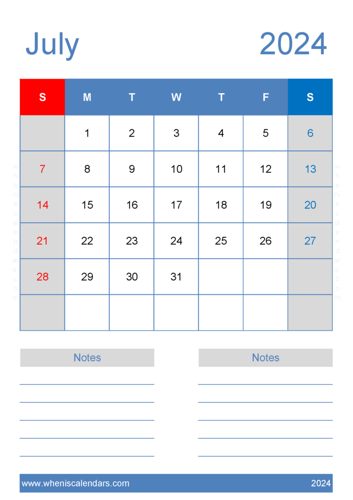 Download July Calendar 2024 print A4 Vertical 74226