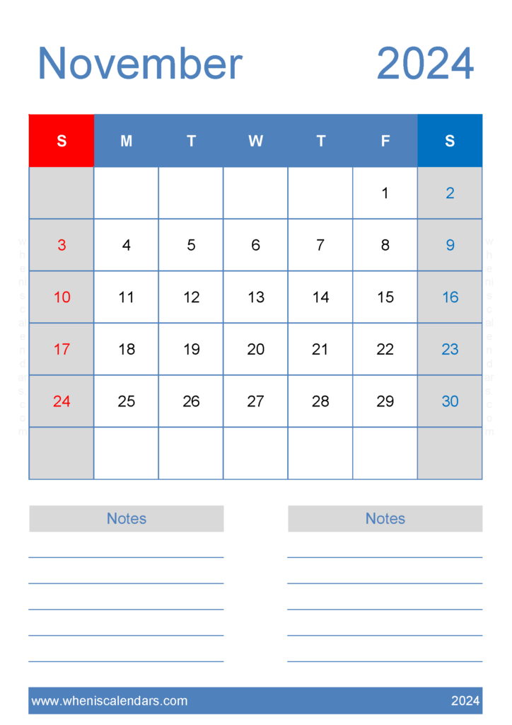 Download November Calendar 2024 print A4 Vertical 114226