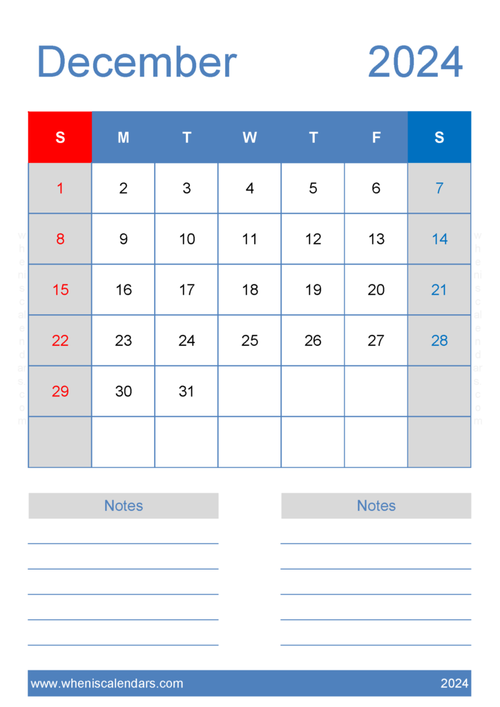 Download December Calendar 2024 print A4 Vertical 124226