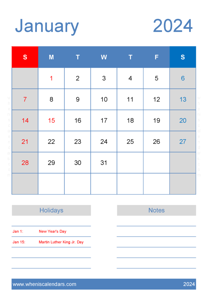 Download Free Calendar Jan 2024 Printable A4 Vertical J4146
