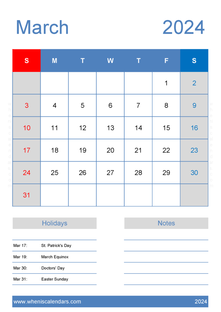 Download Free Calendar Mar 2024 Printable A4 Vertical 34146