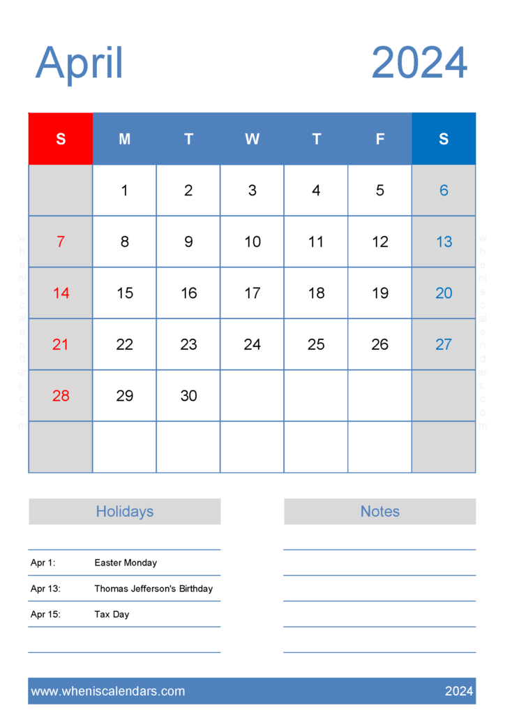 Download Free Calendar Apr 2024 Printable A4 Vertical 44146