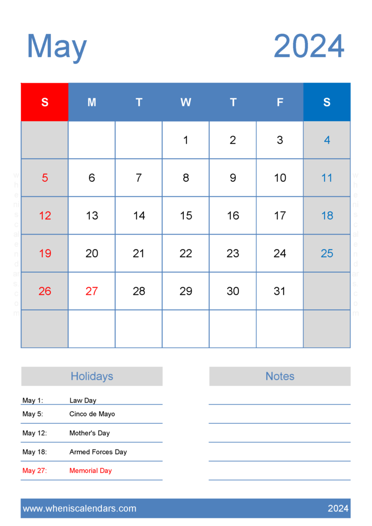 Download Free Calendar May 2024 Printable A4 Vertical 54146