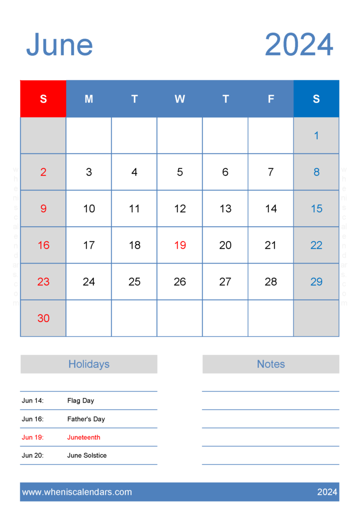 Download Free Calendar Jun 2024 Printable A4 Vertical 64146
