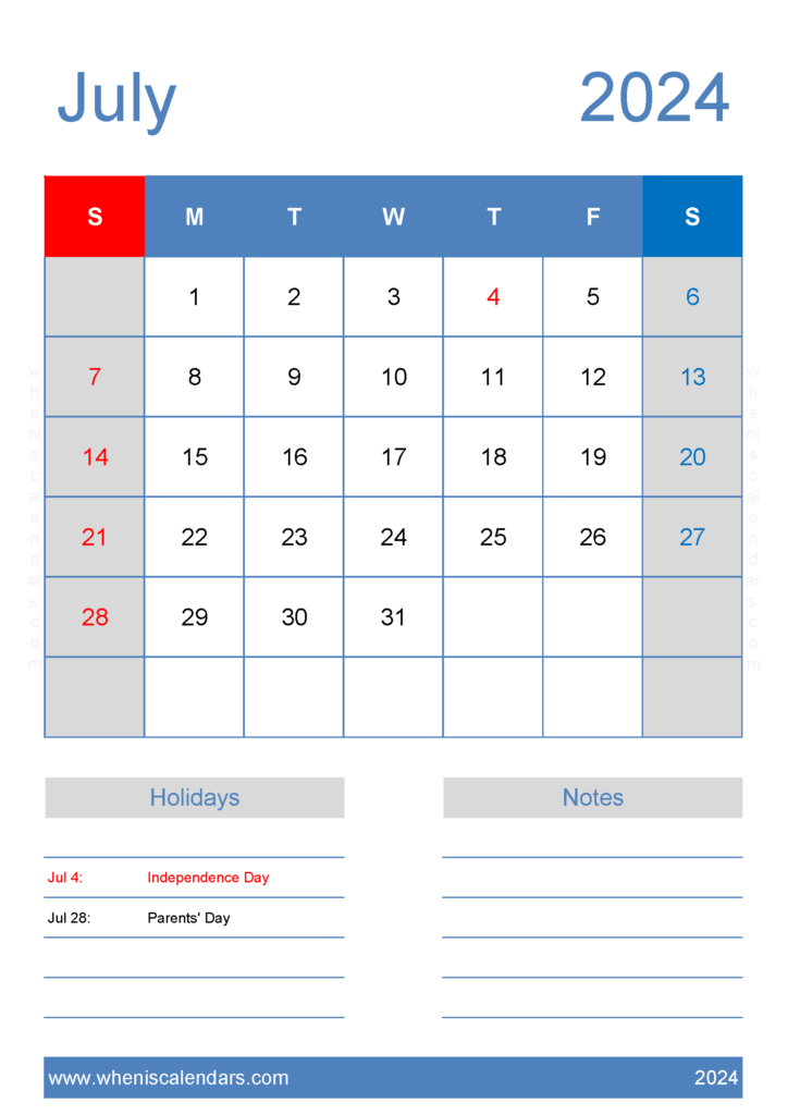 Download Free Calendar Jul 2024 Printable A4 Vertical 74146