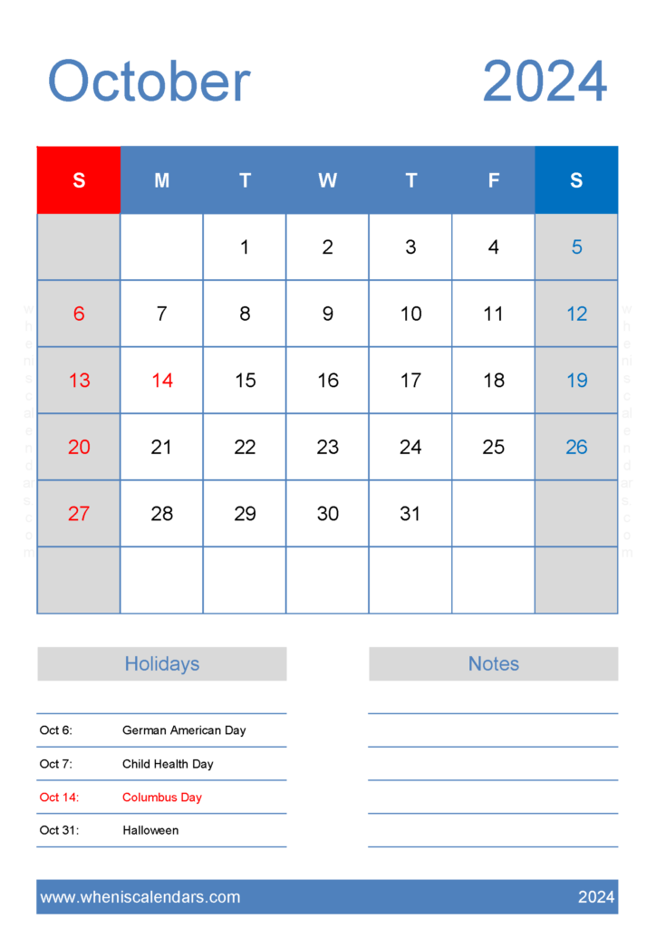 Download Free Calendar Oct 2024 Printable A4 Vertical 104146