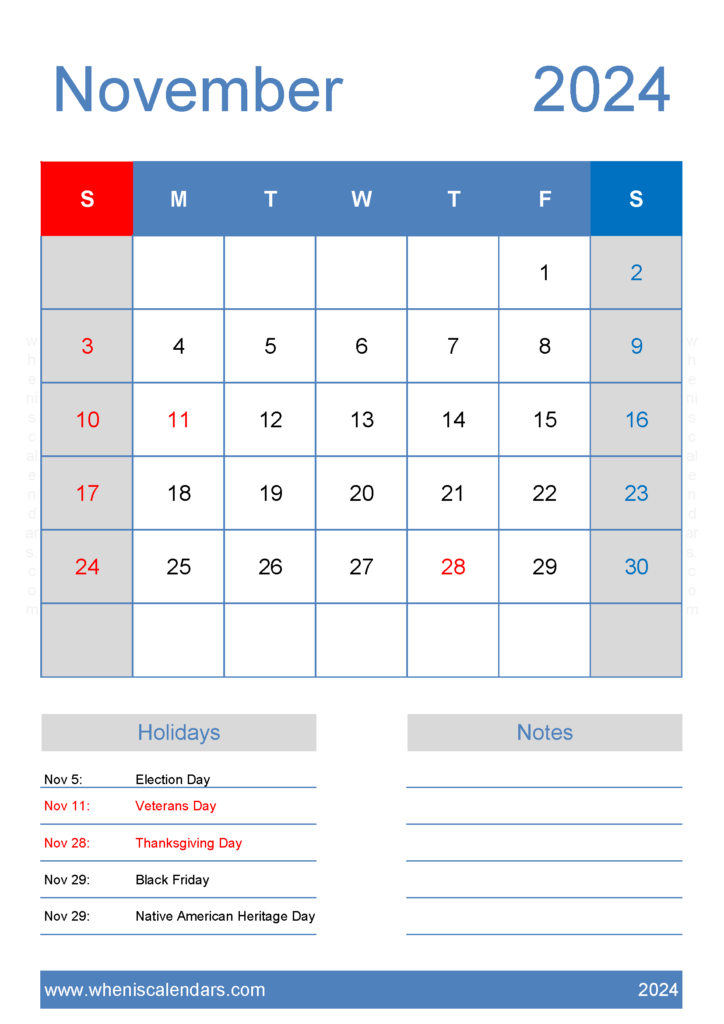 Download Free Calendar Nov 2024 Printable A4 Vertical 114146