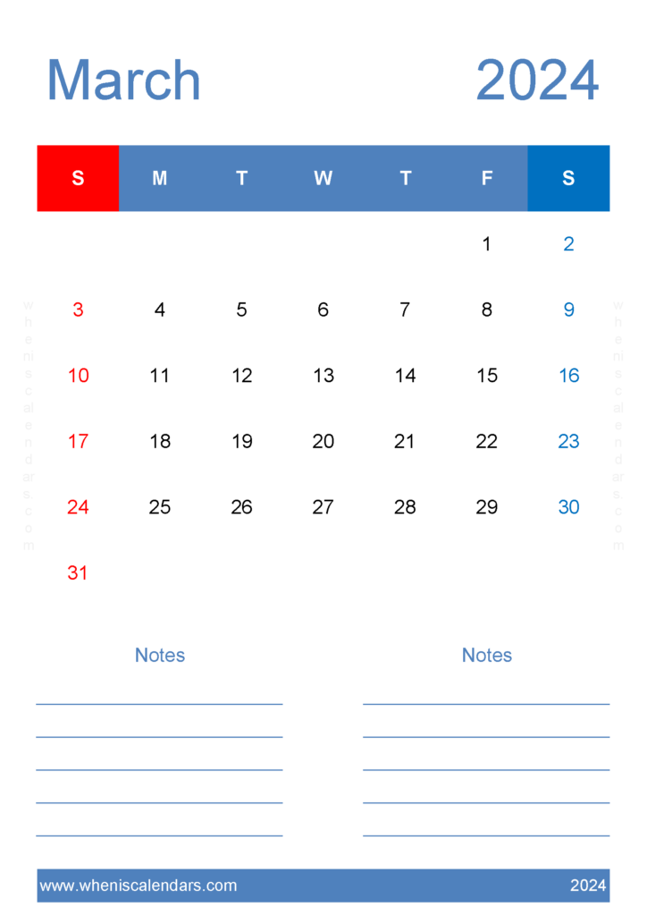Download editable March Calendar 2024 A4 Vertical 34227