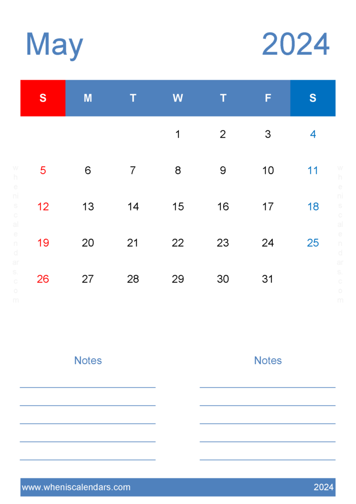 Download editable May Calendar 2024 A4 Vertical 54227