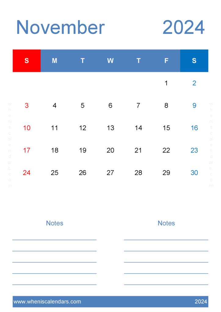 Download editable November Calendar 2024 A4 Vertical 114227