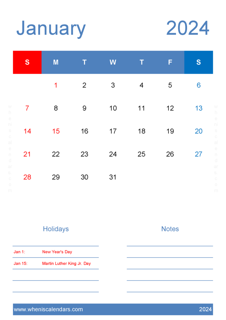 Download January 2024 Calendar editable Template A4 Vertical J4147