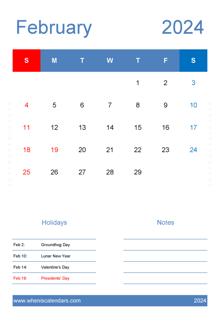 Download February 2024 Calendar editable Template A4 Vertical 24147