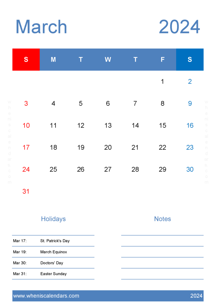 Download March 2024 Calendar editable Template A4 Vertical 34147