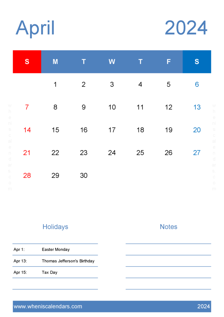 Download April 2024 Calendar editable Template A4 Vertical 44147