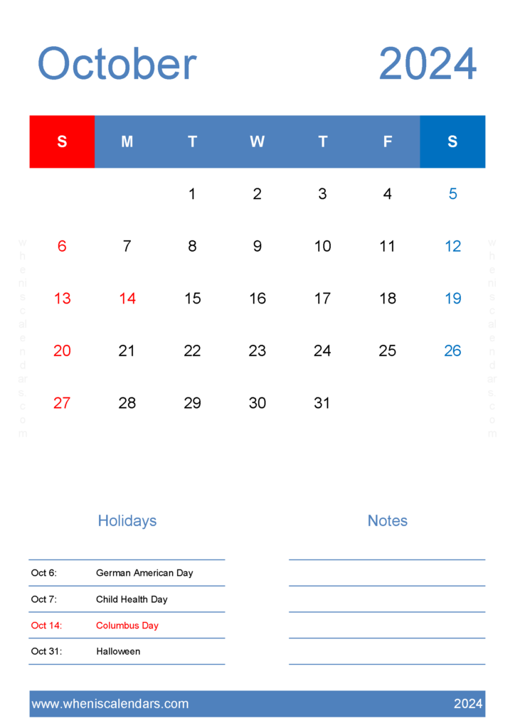 Download October 2024 Calendar editable Template A4 Vertical 104147