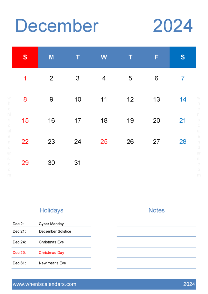 Download December 2024 Calendar editable Template A4 Vertical 124147