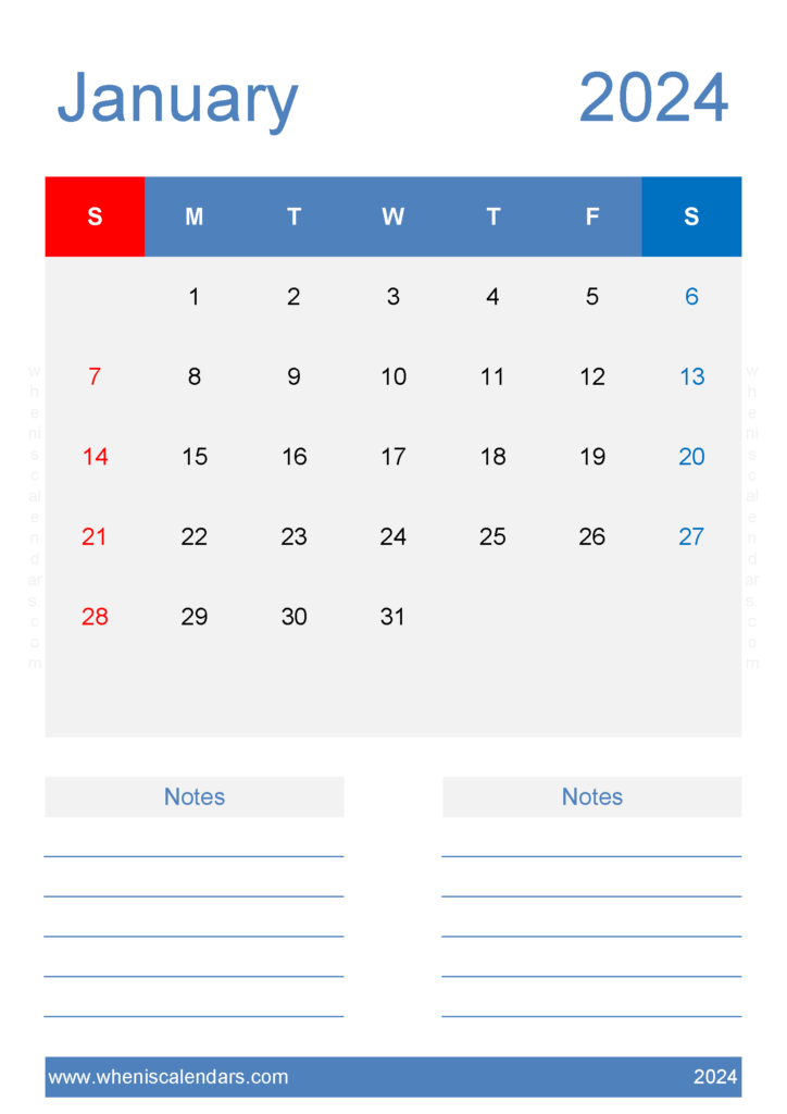 Download Free January Calendar 2024 Printable A4 Vertical J4228