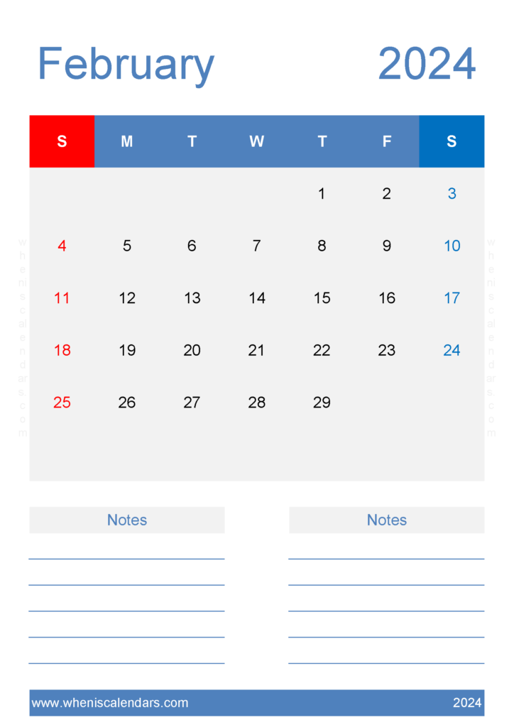 Download Free February Calendar 2024 Printable A4 Vertical 24228