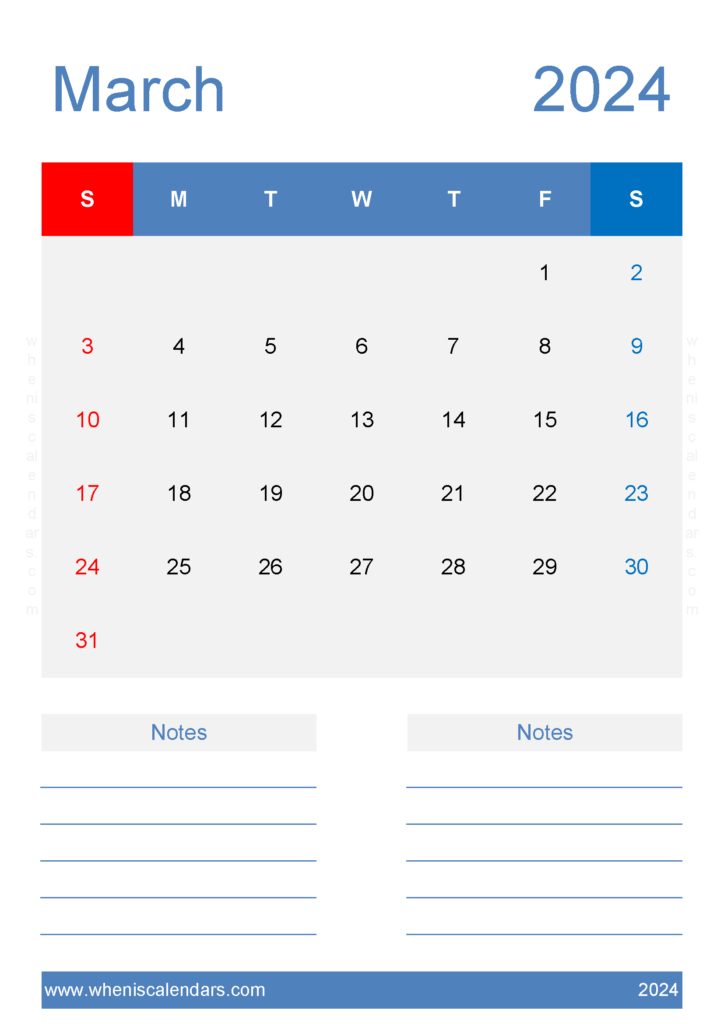 Download Free March Calendar 2024 Printable A4 Vertical 34228