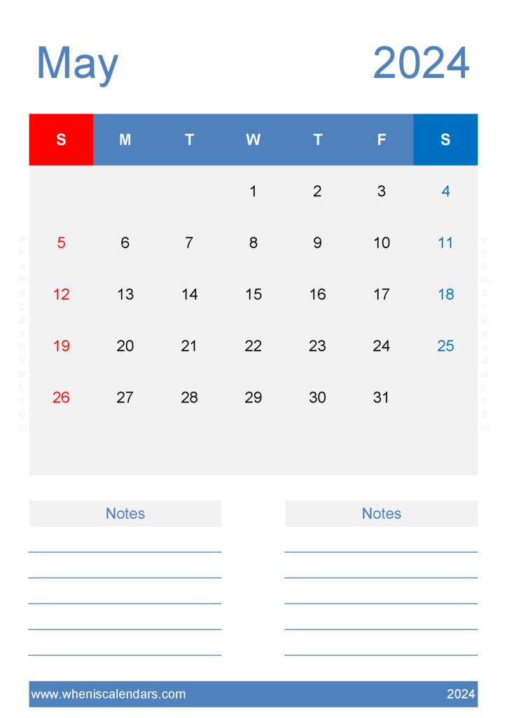 Download Free May Calendar 2024 Printable A4 Vertical 54228