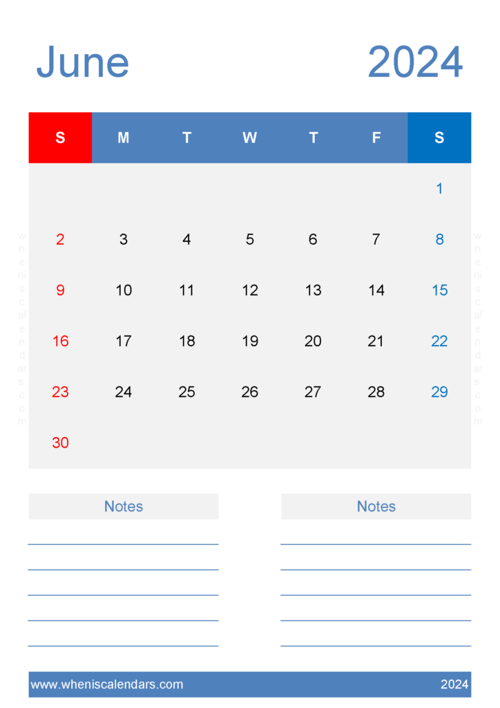 Download Free June Calendar 2024 Printable A4 Vertical 64228