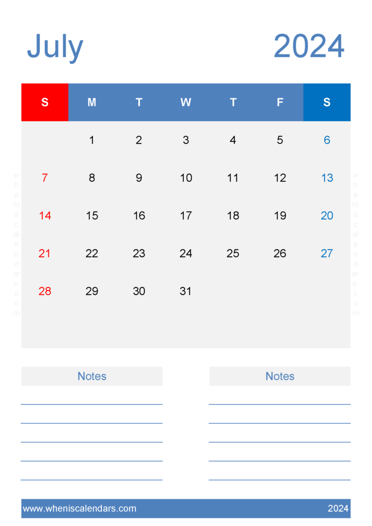 Download Free July Calendar 2024 Printable A4 Vertical 74228